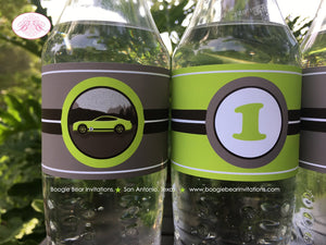 Green Race Car Birthday Party Bottle Wraps Cover Label Wrapper Tag Black Lime Fastback Coupe Track Racing Boogie Bear Invitations Brad Theme
