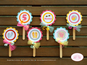 Flip Flop Pool Party Cupcake Toppers Birthday Beach Flowers Girl Pink Blue Swim Swimming Splash Bash Boogie Bear Invitations Monica Theme