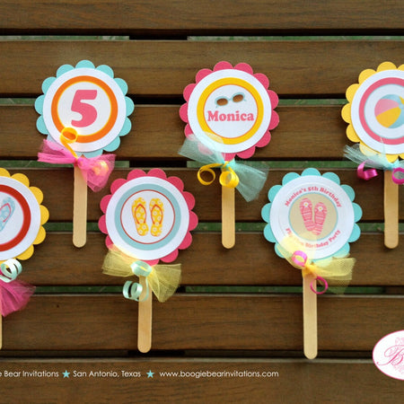 Flip Flop Pool Party Cupcake Toppers Birthday Beach Flowers Girl Pink Blue Swim Swimming Splash Bash Boogie Bear Invitations Monica Theme