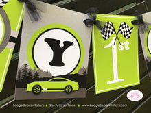 Load image into Gallery viewer, Race Car Happy Birthday Party Banner Lime Green Boy Girl Black Grey 1st 2nd 3rd 4th 5th 6th 7th 8th 9th Boogie Bear Invitations Brad Theme