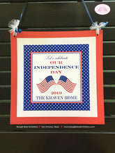 Load image into Gallery viewer, 4th of July Birthday Party Door Banner Boy Girl Red White Blue American Flag Independence Day USA Boogie Bear Invitations Hamilton Theme