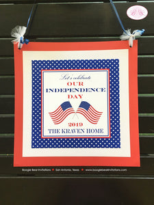 4th of July Birthday Party Door Banner Boy Girl Red White Blue American Flag Independence Day USA Boogie Bear Invitations Hamilton Theme