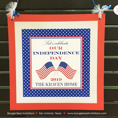 4th of July Birthday Party Door Banner Boy Girl Red White Blue American Flag Independence Day USA Boogie Bear Invitations Hamilton Theme