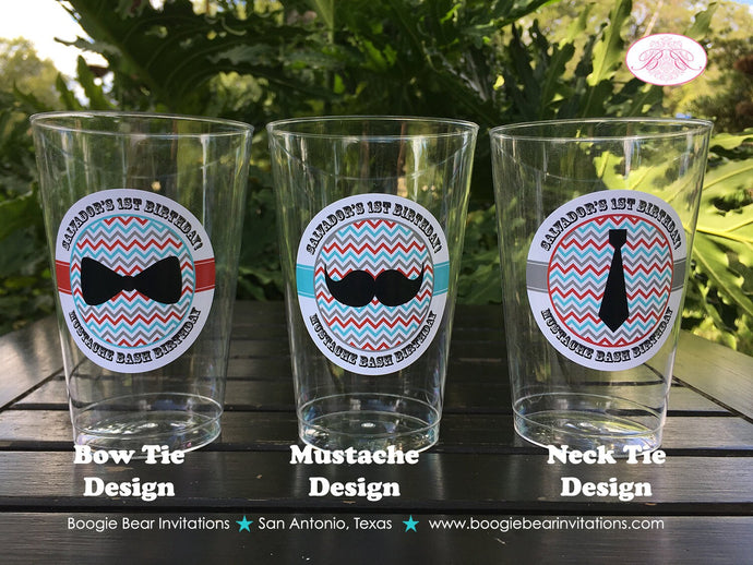 Little Man Birthday Party Beverage Cups Plastic Drink Boy Mustache Bow Tie Red Blue Blue Black Formal Boogie Bear Invitations Salvador Theme