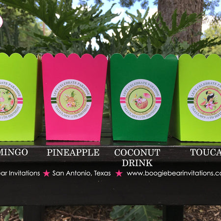 Tropical Paradise Popcorn Boxes Mini Food Buffet Birthday Party Flamingo Toucan Luau Pink Green Gold Boogie Bear Invitations Tallulah Theme
