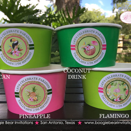 Tropical Paradise Party Treat Cups Candy Food Buffet Paper Birthday Flamingo Toucan Pink Green Gold Boogie Bear Invitations Tallulah Theme