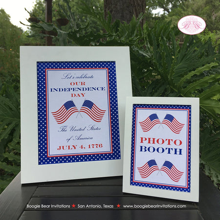 4th of July Birthday Party Sign Poster Photo Booth Welcome Flag Red White Blue 1776 Stars Stripes 1st Boogie Bear Invitations Hamilton Theme