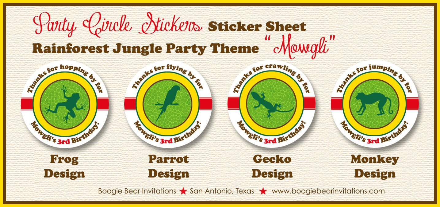 Rainforest Birthday Party Stickers Circle Sheet Rain Forest Green Amazon Jungle Wild Zoo Frog Lizard Boogie Bear Invitations Mowgli Theme