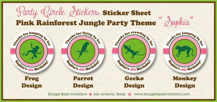 Pink Rainforest Birthday Party Stickers Circle Sheet Tag Frog Lizard Rain Forest Amazon Jungle Wild Zoo Boogie Bear Invitations Sophia Theme