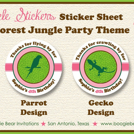 Pink Rainforest Birthday Party Stickers Circle Sheet Tag Frog Lizard Rain Forest Amazon Jungle Wild Zoo Boogie Bear Invitations Sophia Theme