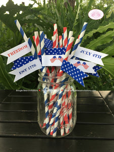 4th of July Party Pennant Straws Birthday Paper Beverage Drink Stars Stripes Flag Red White Blue 1st Boogie Bear Invitations Hamilton Theme