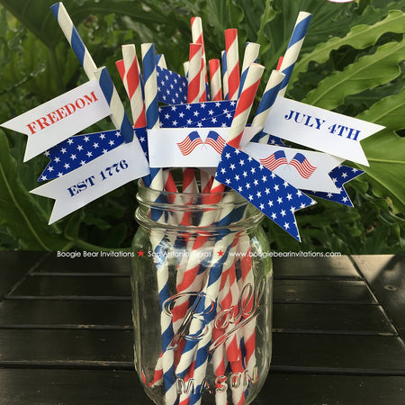 4th of July Party Pennant Straws Birthday Paper Beverage Drink Stars Stripes Flag Red White Blue 1st Boogie Bear Invitations Hamilton Theme