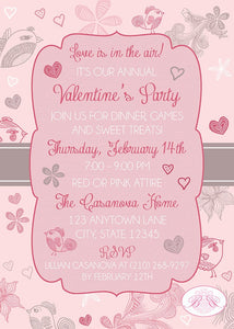 Love Birds Pink Heart Party Invitation Valentine's Day Dream Grey White Boogie Bear Invitations Casanova Theme Paperless Printable Printed