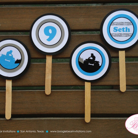 ATV Birthday Party Cupcake Toppers Blue Black Quad All Terrain Vehicle 4 Wheeler Racing Track Boy Girl Boogie Bear Invitations Seth Theme