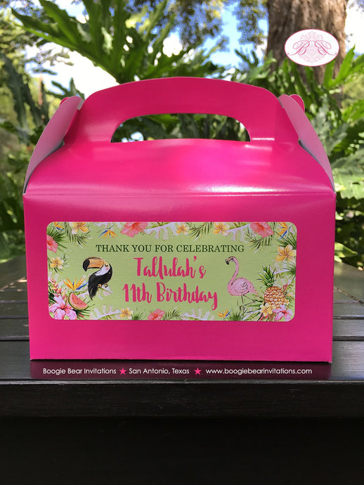 Tropical Paradise Birthday Party Treat Boxes Girl Flamingo Toucan Pineapple Pink Gold Green Luau Wild Boogie Bear Invitations Tallulah Theme
