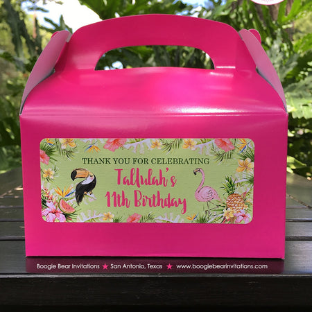 Tropical Paradise Birthday Party Treat Boxes Girl Flamingo Toucan Pineapple Pink Gold Green Luau Wild Boogie Bear Invitations Tallulah Theme