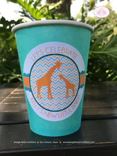 Load image into Gallery viewer, Giraffe Baby Shower Party Beverage Cups Paper Drink Aqua Turquoise Teal Orange Blue Green White Boy Girl Boogie Bear Invitations Kelly Theme