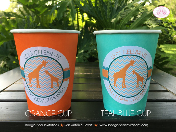Giraffe Baby Shower Party Beverage Cups Paper Drink Aqua Turquoise Teal Orange Blue Green White Boy Girl Boogie Bear Invitations Kelly Theme