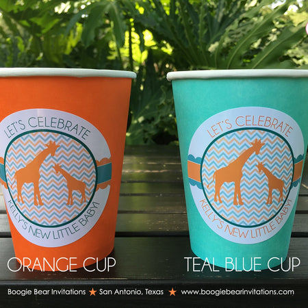 Giraffe Baby Shower Party Beverage Cups Paper Drink Aqua Turquoise Teal Orange Blue Green White Boy Girl Boogie Bear Invitations Kelly Theme