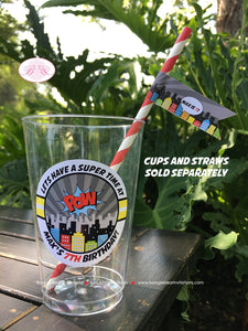 Superhero Birthday Party Beverage Cups Plastic Drink Super Hero Boy Girl Save The Day Comic Cityscape City Boogie Bear Invitations Max Theme