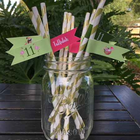 Tropical Paradise Birthday Party Straws Paper Pennant Birthday Flamingo Toucan Pink Green Gold Girl Boogie Bear Invitations Tallulah Theme