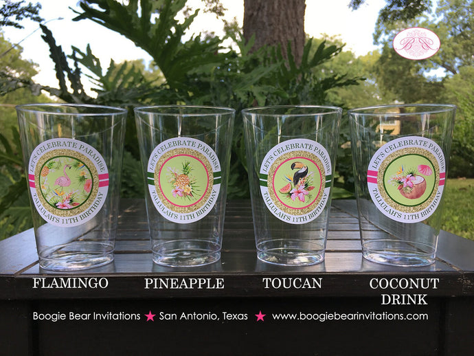 Tropical Paradise Party Beverage Cups Plastic Drink Bar Birthday Flamingo Toucan Pink Green Gold Girl Boogie Bear Invitations Tallulah Theme