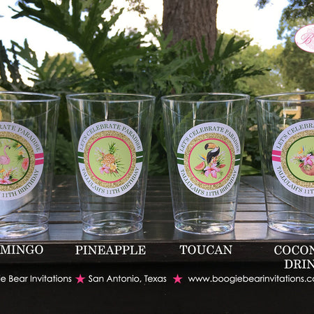 Tropical Paradise Party Beverage Cups Plastic Drink Bar Birthday Flamingo Toucan Pink Green Gold Girl Boogie Bear Invitations Tallulah Theme