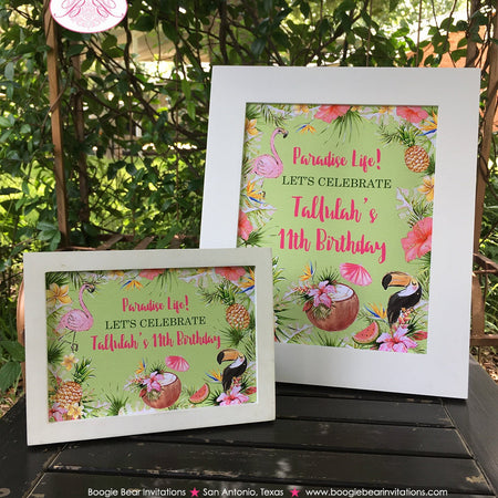 Tropical Paradise Birthday Party Sign Poster Frameable Flamingo Toucan Pink Green Gold Girl Jungle Boogie Bear Invitations Tallulah Theme