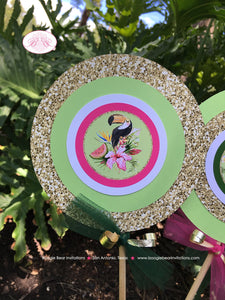 Tropical Paradise Birthday Party Centerpiece Set Girl Flamingo Toucan Pineapple Pink Gold Green Luau Boogie Bear Invitations Tallulah Theme