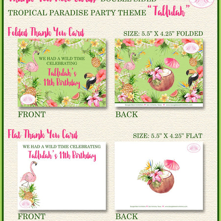 Tropical Paradise Birthday Party Thank You Card Girl Flamingo Toucan Pink Green Rain Forest Boogie Bear Invitations Tallulah Theme Printed