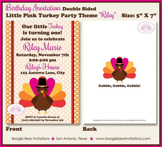 Little Pink Turkey Birthday Party Invitation Girl Gobble Thanksgiving Fall Boogie Bear Invitations Paperless Printable Printed Riley Theme