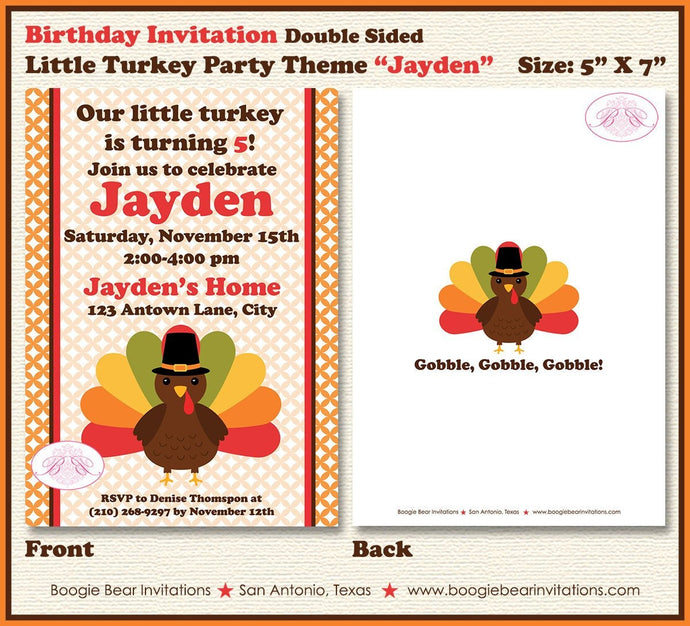 Little Turkey Birthday Party Invitation Girl Boy Fall Autumn Thanksgiving Boogie Bear Invitations Paperless Printable Printed Jayden Theme
