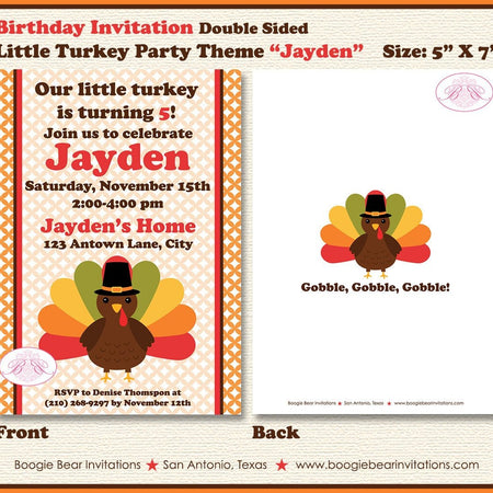 Little Turkey Birthday Party Invitation Girl Boy Fall Autumn Thanksgiving Boogie Bear Invitations Paperless Printable Printed Jayden Theme