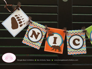 Grizzly Bear Birthday Party Banner Paw Print Forest Animals Orange Green Blue Brown Name Girl Boy 1st 2nd Boogie Bear Invitations Nico Theme