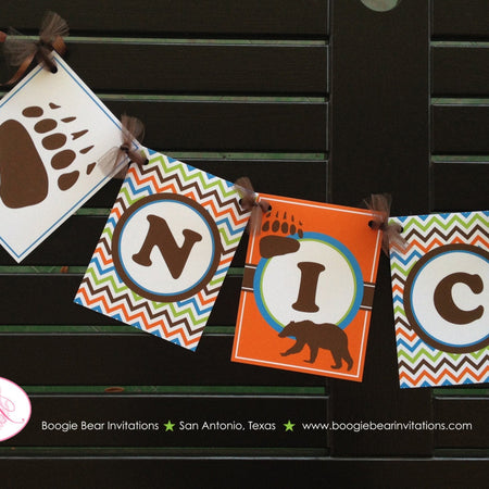 Grizzly Bear Birthday Party Banner Paw Print Forest Animals Orange Green Blue Brown Name Girl Boy 1st 2nd Boogie Bear Invitations Nico Theme