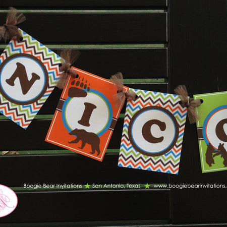 Grizzly Bear Birthday Party Banner Small Boy Paw Print Orange Green Brown Blue 1st 2nd 3rd 4th 5th 6th Boogie Bear Invitations Nico Theme