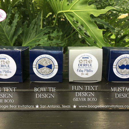 Mr Wonderful Birthday Party Treat Favor Boxes Circle Candy Bow Tie Mustache Boy Onederful Navy Silver 1st Boogie Bear Invitations Odin Theme