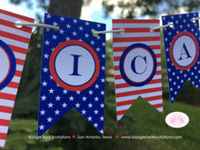 Load image into Gallery viewer, 4th of July Party Pennant Cake Banner Topper Stars Stripes Red White Blue Flag America United States Boogie Bear Invitations Hamilton Theme