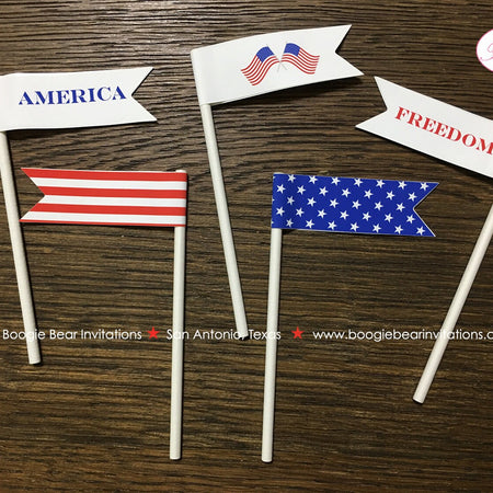 4th of July Party Pennant Cupcake Mini Sticks Birthday Paper Flag Red White Blue Stars Stripes 1st Boogie Bear Invitations Hamilton Theme