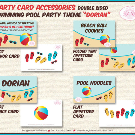 Swimming Pool Birthday Favor Party Card Tent Place Food Boy Girl Beach Ball Swim Splash Ocean Summer Boogie Bear Invitations Dorian Theme
