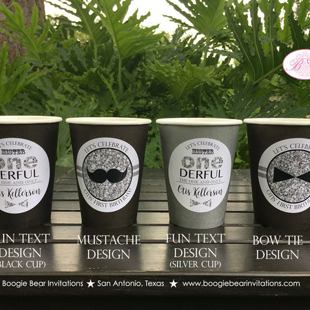 Mr Wonderful 1st Birthday Party Beverage Cups Paper Drink Silver ONE Boy Mustache Bow Tie Onederful Black Boogie Bear Invitations Otis Theme
