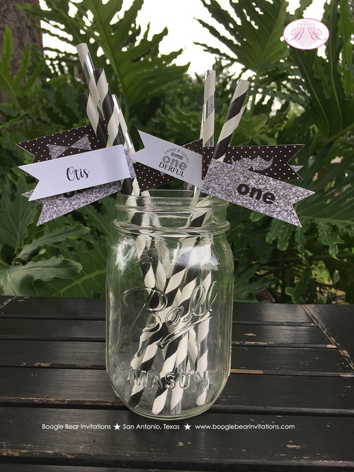 Mr. Wonderful Birthday Party Pennant Paper Straws 1st ONE Onederful Bow Tie Black White Grey Beverage Boogie Bear Invitations Otis Theme