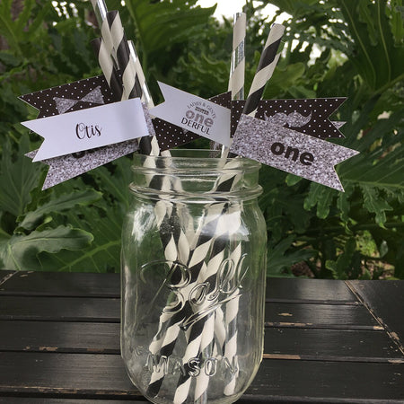 Mr. Wonderful Birthday Party Pennant Paper Straws 1st ONE Onederful Bow Tie Black White Grey Beverage Boogie Bear Invitations Otis Theme