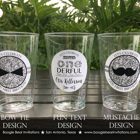 Mr Wonderful Birthday Party Beverage Cups Plastic Drink ONE Boy Mustache Bow Tie Onederful Black Grey 1st Boogie Bear Invitations Otis Theme