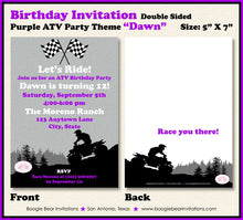 Load image into Gallery viewer, Purple ATV Birthday Party Invitation Quad All Terrain Vehicle 4 Wheeler Girl Racing Race Track Boogie Bear Invitations Dawn Theme Printed