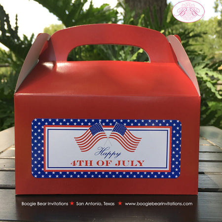 4th of July Party Treat Boxes Favor Tags Bag Boy Girl Red White Blue Stars Stripes American Flag USA Boogie Bear Invitations Hamilton Theme