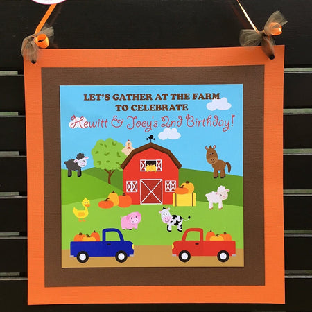 Fall Farm Animals Birthday Door Banner Pumpkin Girl Boy Barn Truck Red Blue Orange Horse Cow Pig Sheep Boogie Bear Invitations Hewitt Theme