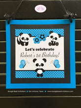 Load image into Gallery viewer, Panda Bear Birthday Party Door Banner Boy Blue Black White Butterfly Zoo Jungle Forest Exotic Bamboo Boogie Bear Invitations Robert Theme