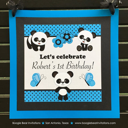 Panda Bear Birthday Party Door Banner Boy Blue Black White Butterfly Zoo Jungle Forest Exotic Bamboo Boogie Bear Invitations Robert Theme