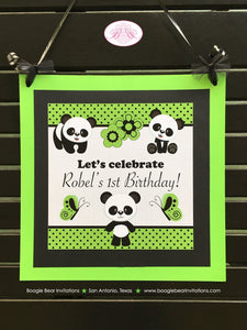 Panda Bear Birthday Party Door Banner Green Boy Girl Polka Dot Black White Butterfly Zoo Jungle Forest Boogie Bear Invitations Robel Theme